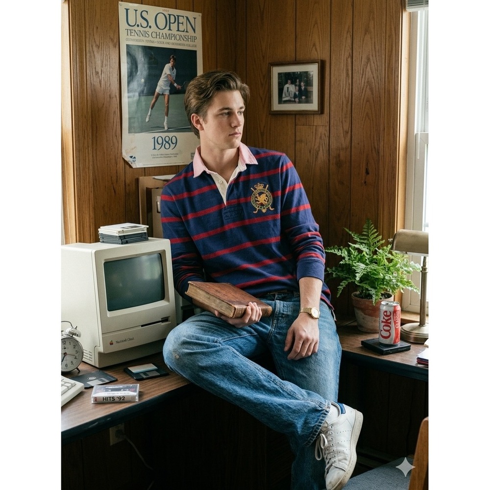 Vintage 80s/90s Polo Ralph Lauren Mens Rugby Shirt Striped Pink Collar Crest